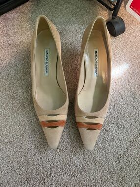 Manolo Blahnik Beige Suede Pointed-Toe Pumps with Tan Accent Straps